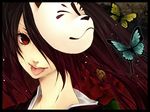  :p asami_yoruko black_hair bug butterfly camellia flower fox_mask hair_over_one_eye hatsune_miku insect long_hair mask musunde_hiraite_rasetsu_to_mukuro_(vocaloid) portrait red_eyes smile solo tongue tongue_out twintails vocaloid 