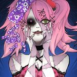  al_bhed_eyes bad_id bad_pixiv_id bare_shoulders black_sclera bleeding blood candy candy_addict_full_course_(vocaloid) choker food fruit hair_ornament hairclip hands_on_own_face hatsune_miku heterochromia nail_polish open_mouth pink_eyes pink_hair simennsoka solo stitches strawberry twintails vocaloid yellow_eyes 