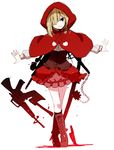  axe blonde_hair blue_eyes boots capelet flail grimm's_fairy_tales gun hair_over_one_eye knife little_red_riding_hood little_red_riding_hood_(grimm) morning_star musco original red_capelet rifle skirt solo weapon 