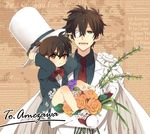  adjusting_clothes adjusting_hat bad_id bad_pixiv_id bow bowtie brown_eyes brown_hair cape edogawa_conan flower french glasses green_eyes hat kaitou_kid kuroba_kaito male_focus meitantei_conan monocle multiple_boys necktie open_mouth shorts tamado_sao 