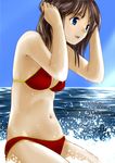  :d adjusting_hair arms_up bikini blue_eyes blue_sky brown_hair day dokkn highres horizon midriff navel open_mouth original parted_lips short_hair sky smile solo splashing stomach swimsuit water 