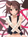  :p bad_id bad_pixiv_id bare_shoulders blush body_writing bodypaint breasts brown_hair cleavage collarbone crop_top crossed_arms kinugasa_yuuichi large_breasts looking_at_viewer midriff multicolored multicolored_eyes navel original short_hair sideboob solo tongue tongue_out upper_body wristband x_arms 