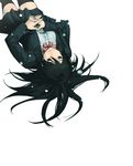  black_hair black_legwear brown_eyes hands_clasped long_hair original own_hands_together ribbon simple_background skirt solo thighhighs upside-down white_background yuuji_(and) 