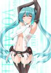  absurdres aqua_hair armpits arms_up belt blush breasts covered_nipples detached_sleeves hatsune_miku hatsune_miku_(append) highres kokorono_arika large_breasts long_hair lowleg lowleg_panties navel necktie panties red_eyes solo thighhighs twintails underwear very_long_hair vocaloid vocaloid_append 