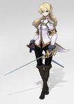  armor blonde_hair blue_eyes boots braid crossed_legs fingerless_gloves full_body gloves grey_background highres holding holding_sword holding_weapon knee_boots long_hair long_sleeves looking_at_viewer masn_(moxi) original rapier scabbard sheath simple_background smile solo spandex standing sword uniform watson_cross weapon 
