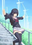  backpack bad_id bad_pixiv_id bag black_hair black_legwear black_serafuku blush highres izumi_sai long_hair open_mouth original outstretched_arms pleated_skirt red_eyes school_uniform serafuku skirt solo spread_arms stairs thighhighs wind_turbine windmill zettai_ryouiki 