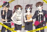  2girls black_hair blue_eyes blush brown_hair caution_tape collared_shirt dark_skin english folding formal hand_in_pocket hat hattori_heiji holding jewelry keep_out kudou_shin'ichi long_hair long_sleeves looking_at_viewer mca_(dessert_candy) meitantei_conan mouri_ran multiple_boys multiple_girls necktie pencil_skirt ponytail shirt short_hair skirt standing suit tareme tooyama_kazuha 