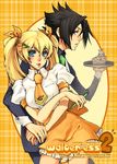  1girl black_eyes black_hair blonde_hair blue_eyes cake facial_mark food genderswap genderswap_(mtf) hair_ornament hair_ribbon hairclip lips long_hair long_sleeves na_young_lee naruko naruto naruto_(series) necktie notepad orange_skirt pen profile ribbon short_sleeves skirt tray uchiha_sasuke waiter waitress whisker_markings 