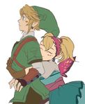  1girl agitha blonde_hair blue_eyes blush earrings gloves hat hug jewelry link muse_(rainforest) pointy_ears the_legend_of_zelda the_legend_of_zelda:_twilight_princess twintails wings 
