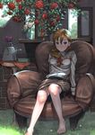  barefoot black_skirt blush braid brown_eyes brown_hair couch feet flower grass highres kurumayama legs long_sleeves looking_at_viewer original pencil_skirt petals plant ponytail red_flower red_rose rose short_hair sitting skirt solo toes vines watering_can 