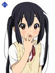  black_hair blush brown_eyes flat_chest highres k-on! long_hair md5_mismatch nakano_azusa neck_ribbon open_mouth red_ribbon ribbon round_teeth ryunnu school_uniform solo sweater sweater_vest teeth twintails 