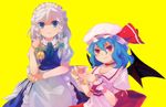  bat_wings blue_eyes blue_hair braid catfire cup hat izayoi_sakuya knife maid maid_headdress multiple_girls pocket_watch red_eyes remilia_scarlet short_hair silver_hair teacup touhou twin_braids watch wings 