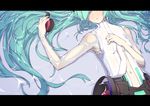  aqua_hair armpits flat_chest hands hatsune_miku hatsune_miku_(append) head_out_of_frame headphones holding_headphones letterboxed long_hair lying navel on_back paprika_(artist) partially_submerged solo very_long_hair vocaloid vocaloid_append water 