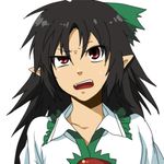 angry black_hair confused face open_mouth pointy_ears raised_eyebrow red_eyes reiuji_utsuho resized rex_k simple_background solo sweatdrop touhou uneven_eyes upper_body upscaled 