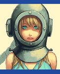  aqua_eyes bags_under_eyes blonde_hair diving_helmet headgear helmet letterboxed lips lipstick long_hair looking_at_viewer makeup mustard_seeds original parted_lips simple_background solo yuuji_(and) 