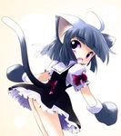  :o ahoge animal_ears bangs black_hair blunt_bangs bob_cut bow cat_ears cat_tail dress gloves highres looking_back no_panties open_mouth original paw_gloves paws puffy_short_sleeves puffy_sleeves purple_eyes sailor_dress short_hair short_sleeves solo standing tail yume_shokunin 