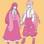  bad_id bad_pixiv_id dress fujiwara_no_mokou hand_in_pocket holding_hands houraisan_kaguya monochrome moshikuha_hiyako multiple_girls orange_background pants pink shoes simple_background sleeves_past_wrists standing touhou wide_sleeves 