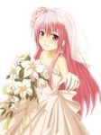  ahoge angel_beats! blush bouquet bridal_veil bride cross dress earrings flower gloves hair_ornament happy happy_tears jewelry long_hair pink_eyes pink_hair ring smile solo tears veil very_long_hair wedding_dress yu_(a1026y) yui_(angel_beats!) 