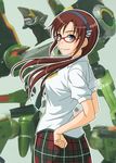  blue_eyes breasts brown_hair eva_05 glasses hairband hida_tatsuo looking_back makinami_mari_illustrious mecha medium_breasts necktie neon_genesis_evangelion plaid plaid_skirt rebuild_of_evangelion skirt solo twintails 