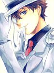  adjusting_clothes adjusting_hat blue_eyes brown_hair cape card formal hat holding holding_card kaitou_kid kuroba_kaito male_focus md5_mismatch meitantei_conan monocle necktie scarlet-xx smile solo suit 