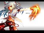  bad_id bad_pixiv_id bow breasts colored_eyelashes eyelashes fire fujiwara_no_mokou hair_bow hair_ribbon highres karlwolf large_breasts long_hair pants red_eyes ribbon silver_hair solo suspenders touhou underboob 