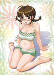  akizuki_ritsuko antenna_hair arm_support barefoot bikini braid breasts brown_eyes brown_hair cleavage collarbone feet glasses green_sarong hida_tatsuo highres idolmaster idolmaster_(classic) large_breasts legs open_mouth sarong sitting solo swimsuit twin_braids wariza 