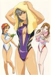  absurdres artist_request breasts casual_one-piece_swimsuit cleavage cleavage_cutout competition_swimsuit drying drying_hair endou_lorna ex-driver goggles goggles_on_head happy highres kazama_rei medium_breasts multiple_girls one-piece_swimsuit sakakino_lisa scan smile swim_cap swimsuit towel water_gun wince 