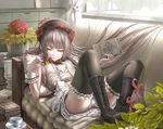  bangs blunt_bangs book boots bow breasts couch cross-laced_footwear cup flower garters hands hat headdress hydrangea lace-up_boots large_bow long_hair lying original panties pantyshot pantyshot_(lying) shiokonbu sidelocks silver_hair small_breasts solo sunlight teacup thighhighs tsurime underwear white_panties wrist_cuffs 