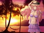  bikini bikini_skirt blonde_hair blue_eyes bracelet breasts choker dragon@harry earrings evening hammock hand_on_headwear hat jewelry large_breasts long_hair macross macross_frontier navel necklace ocean palm_tree sheryl_nome solo sun sunset swimsuit tree wrist_cuffs 