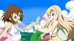  blonde_hair blue_eyes brown_eyes brown_hair heartcatch_precure! hirasawa_yui k-on! knives_(knives777) kotobuki_tsumugi long_hair md5_mismatch multiple_girls no_nose one_eye_closed parody precure short_hair spray 