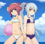  alternate_hairstyle angel_beats! asababa_kure bad_id bad_pixiv_id ball beachball bikini blue_hair frills green_eyes holding_hands long_hair multiple_girls ponytail purple_hair short_hair swimsuit tenshi_(angel_beats!) yellow_eyes yuri_(angel_beats!) 