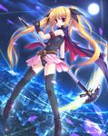  bardiche blonde_hair city fate_testarossa highres legs long_hair lyrical_nanoha mahou_shoujo_lyrical_nanoha mahou_shoujo_lyrical_nanoha_the_movie_1st moon night red_eyes smile solo thighhighs twintails wakou_tensui 