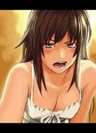  annoyed breasts brown_eyes brown_hair camisole cleavage dress large_breasts letterboxed long_hair looking_at_viewer open_mouth original solo upper_body yuuji_(and) 