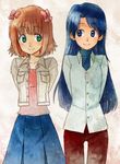  amami_haruka blue_eyes blue_hair brown_hair green_eyes hoshi_sukii idolmaster idolmaster_(classic) kisaragi_chihaya long_hair multiple_girls short_hair 