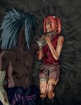  1girl asphyxiation bad_end bandages black_hair blood corruption forehead_protector green_eyes haruno_sakura injury naruto naruto_(series) pink_hair samurai-pet strangling uchiha_sasuke violence 