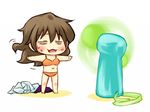  bags_under_eyes blush bra brown_hair chibi closed_eyes electric_fan kiyama_harumi lingerie long_hair panties piku solo sweat to_aru_kagaku_no_railgun to_aru_majutsu_no_index underwear underwear_only 