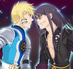  armor bad_id bad_pixiv_id bandaid black_eyes black_hair blonde_hair blue_eyes flynn_scifo grin injury long_hair male_focus mosdam multiple_boys purple_background smile tales_of_(series) tales_of_vesperia yuri_lowell 