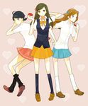  annotated bad_id bad_pixiv_id black_hair brown_background brown_hair flower hair_bobbles hair_flower hair_ornament heart heart_background holding holding_poke_ball lass_(pokemon) legs multiple_girls poke_ball poke_ball_(generic) pokemon pokemon_(game) pokemon_dppt pokemon_frlg pokemon_rse school_uniform shikanaka skirt socks vest 