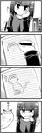  4koma cat celebi_ryousangata comic drawing greyscale hair_ornament hairclip ichinose_ichino mechanical_pencil monochrome notebook official_art pencil short_hair silent_comic tonnura tonnura-san 