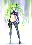  bad_id bad_pixiv_id bare_shoulders boots breasts crop_top expressionless garuku green_hair groin hair_between_eyes legs long_hair looking_at_viewer midriff navel original pink_eyes skin_tight small_breasts solo standing stomach thigh_boots thighhighs twintails very_long_hair 