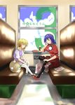  blonde_hair bococho eyes hat moriya_suwako multiple_girls pantyhose parody purple_hair pyonta saint_onii-san short_hair sleeping touhou train_interior vanishing_point yasaka_kanako 