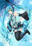  absurdres aqua_eyes aqua_hair bad_id bad_pixiv_id detached_sleeves hatsune_miku headphones headset highres jumping keika_(falier00) legs long_hair necktie skirt smile solo thighhighs twintails umbrella very_long_hair vocaloid zettai_ryouiki 