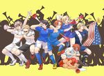  6+boys =_= america_(hetalia) axis_powers_hetalia censored convenient_censoring fabulous flag france_(hetalia) germany_(hetalia) horn_(instrument) japan_(hetalia) male_focus multiple_boys natsuyon northern_italy_(hetalia) soccer soccer_uniform southern_italy_(hetalia) spain_(hetalia) sportswear united_kingdom_(hetalia) vuvuzela world_cup 