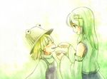  bad_id bad_pixiv_id blonde_hair commentary_request detached_sleeves eyes feeding frog green_eyes green_hair hair_ornament happy hat kochiya_sanae long_hair moriya_suwako multiple_girls short_hair touhou urin 