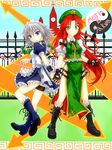  blue_eyes boots braid china_dress chinese_clothes dress fingerless_gloves gloves green_eyes hat hong_meiling izayoi_sakuya knife legs long_hair maid maid_headdress mickey_dunn multiple_girls pocket_watch red_hair short_hair silver_hair touhou twin_braids watch yin_yang 