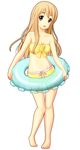  barefoot bikini_top blonde_hair blue_eyes eyebrows full_body inaton innertube k-on! kotobuki_tsumugi long_hair navel short_shorts shorts simple_background smile solo standing swimsuit 