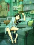 asterisk_kome bare_legs black_hair book bored chair clothes_hanger coat glasses green_eyes head_tilt labcoat legs long_hair long_sleeves original shelf shorts sleeves_rolled_up solo spread_legs television toes 