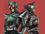  belt bodysuit helmet k@non kamen_rider kamen_rider_kabuto_(series) kamen_rider_kick_hopper kamen_rider_punch_hopper male_focus multiple_boys red_background red_eyes simple_background upper_body 