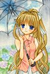  air blonde_hair blue_eyes casual flower hinokami_sakura hydrangea kamio_misuzu long_hair ponytail rain sky_print solo umbrella very_long_hair 