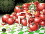  eating green_eyes green_hair gumi hair_bobbles hair_ornament hairclip hey!_eat_a_tomato?!_(vocaloid) high_heels kitano_tomotoshi legs nail_polish red_nails shoes short_hair sitting solo tomato vocaloid wrist_cuffs 